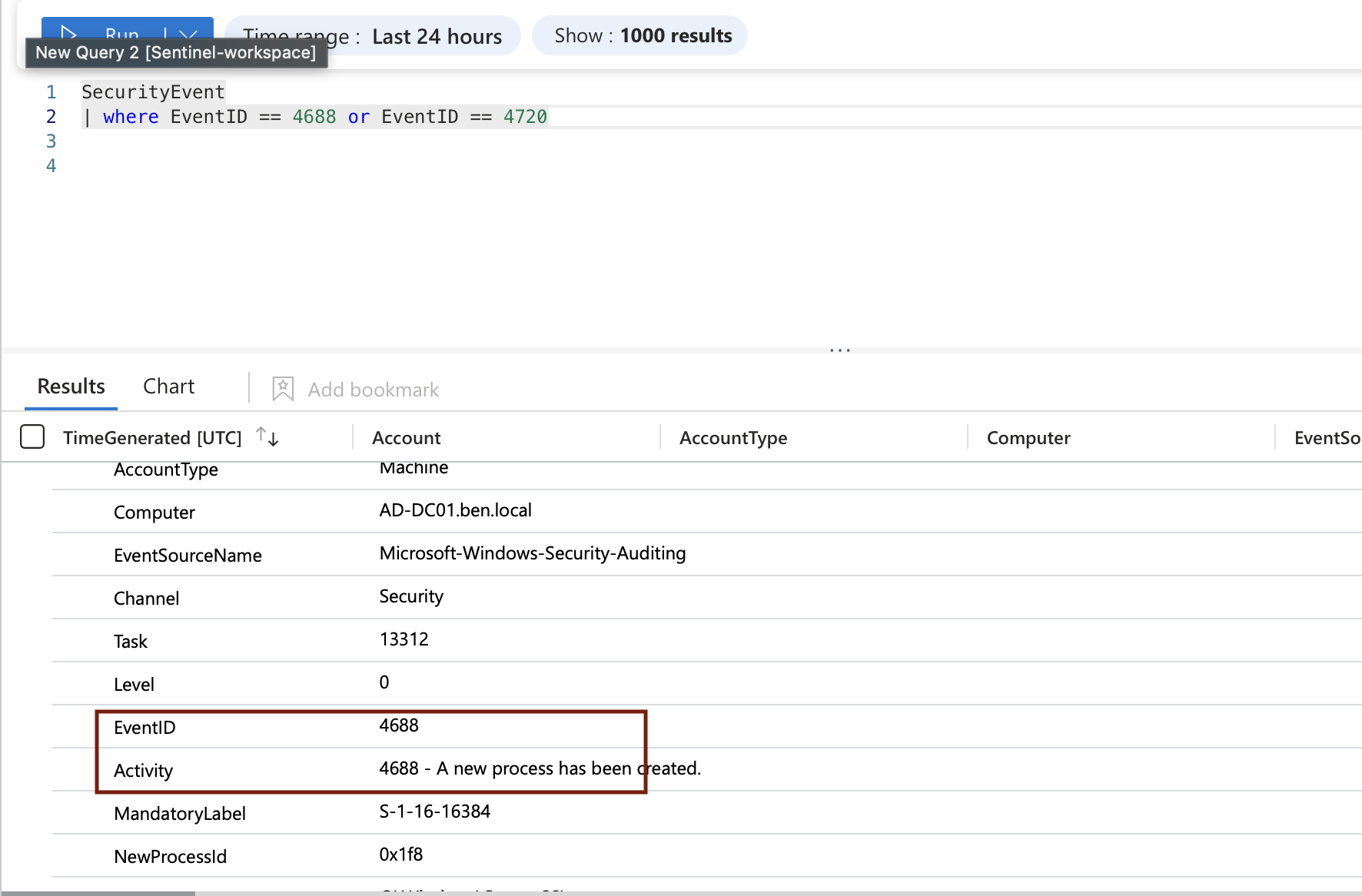 Sentinel Logs — 来自模拟攻击的 4688 和 4720 事件 ID