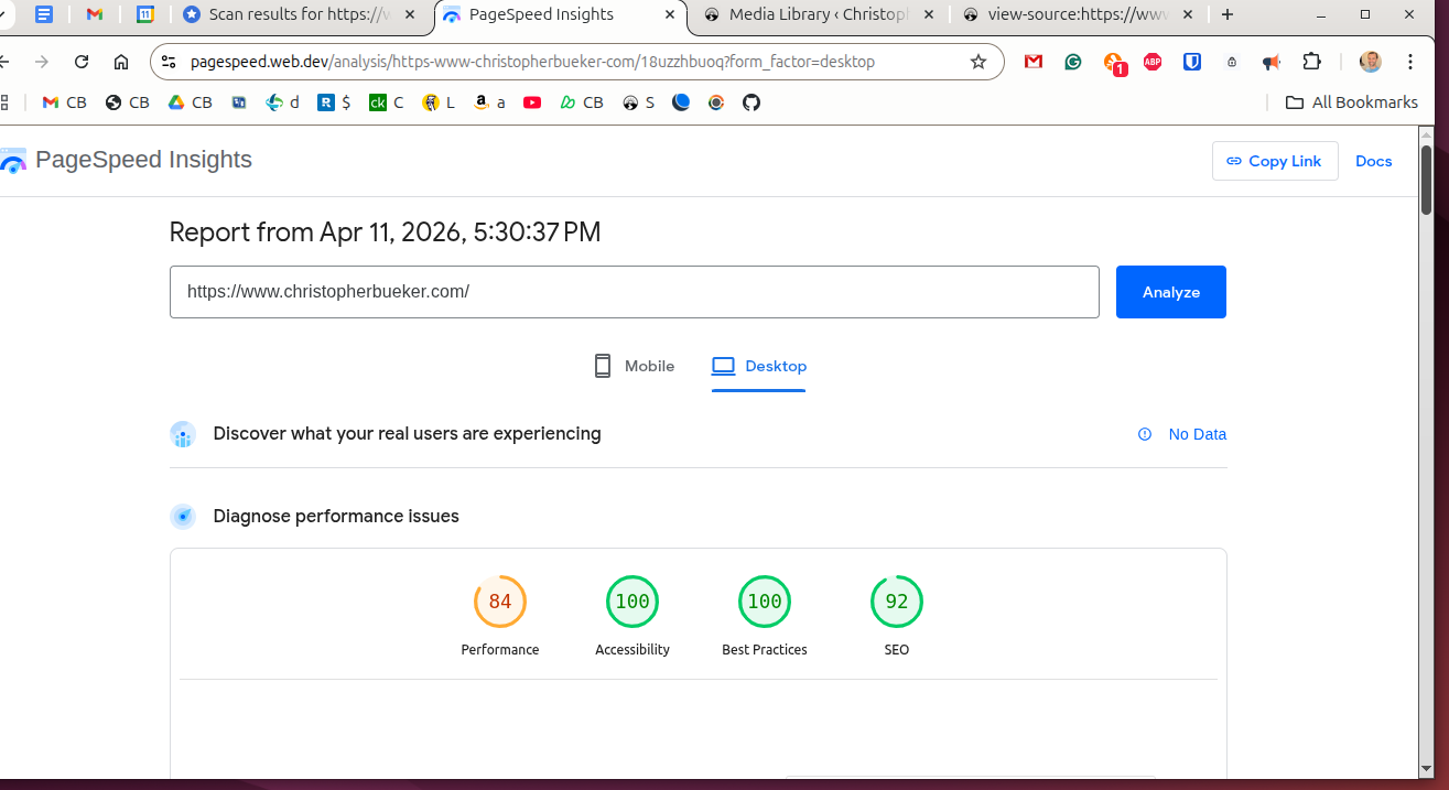 Initial desktop Lighthouse score for ChristopherBueker.com