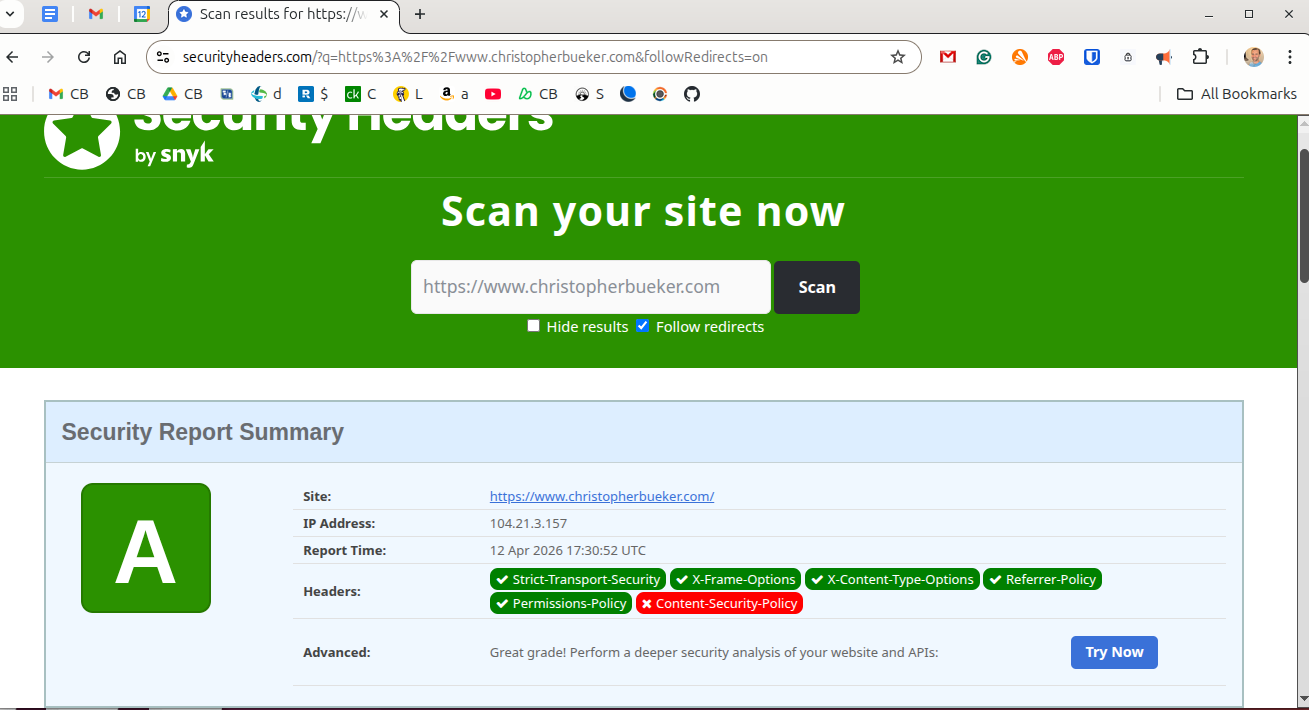 Security headers scan showing A grade for ChristopherBueker.com