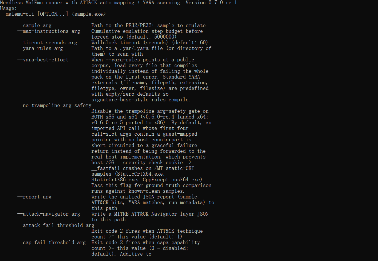 malemu-cli --help output, showing the headless runner's flags including --sample, --max-instructions, --timeout-seconds, --yara-rules, --yara-best-effort, --no-trampoline-arg-safety, --report, --attack-navigator, --attack-fail-threshold, and --cap-fail-threshold.