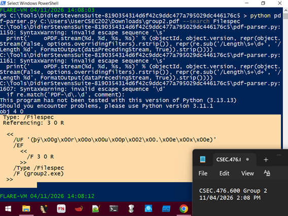 pdf-parser --search Filespec showing object 4 references /F (group2.exe)
