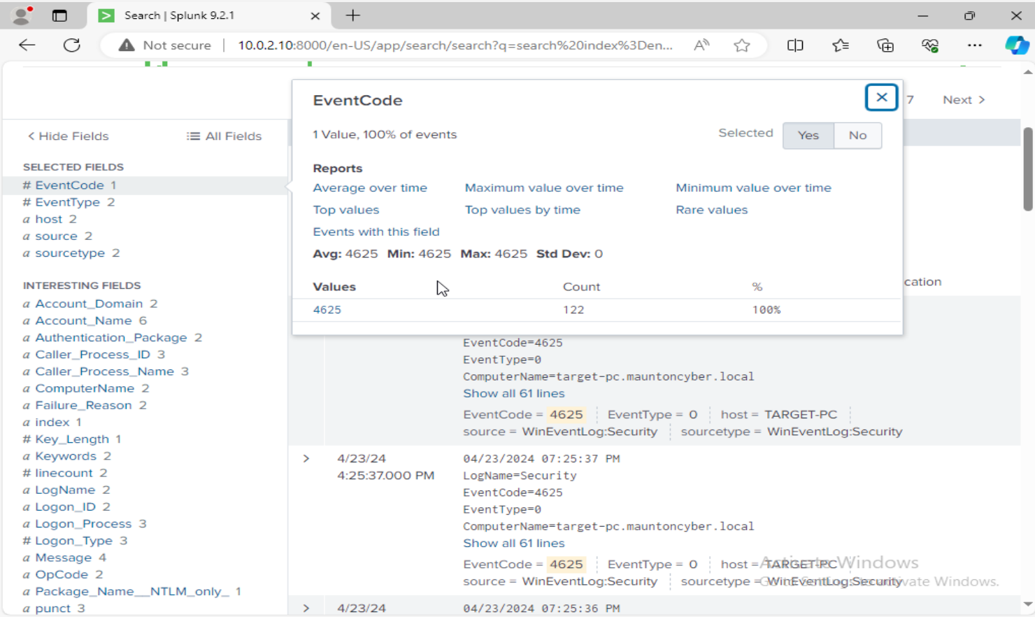 Splunk search showing Event ID 4625 counts