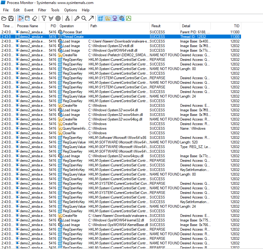 Procmon — demo2_simda.bin