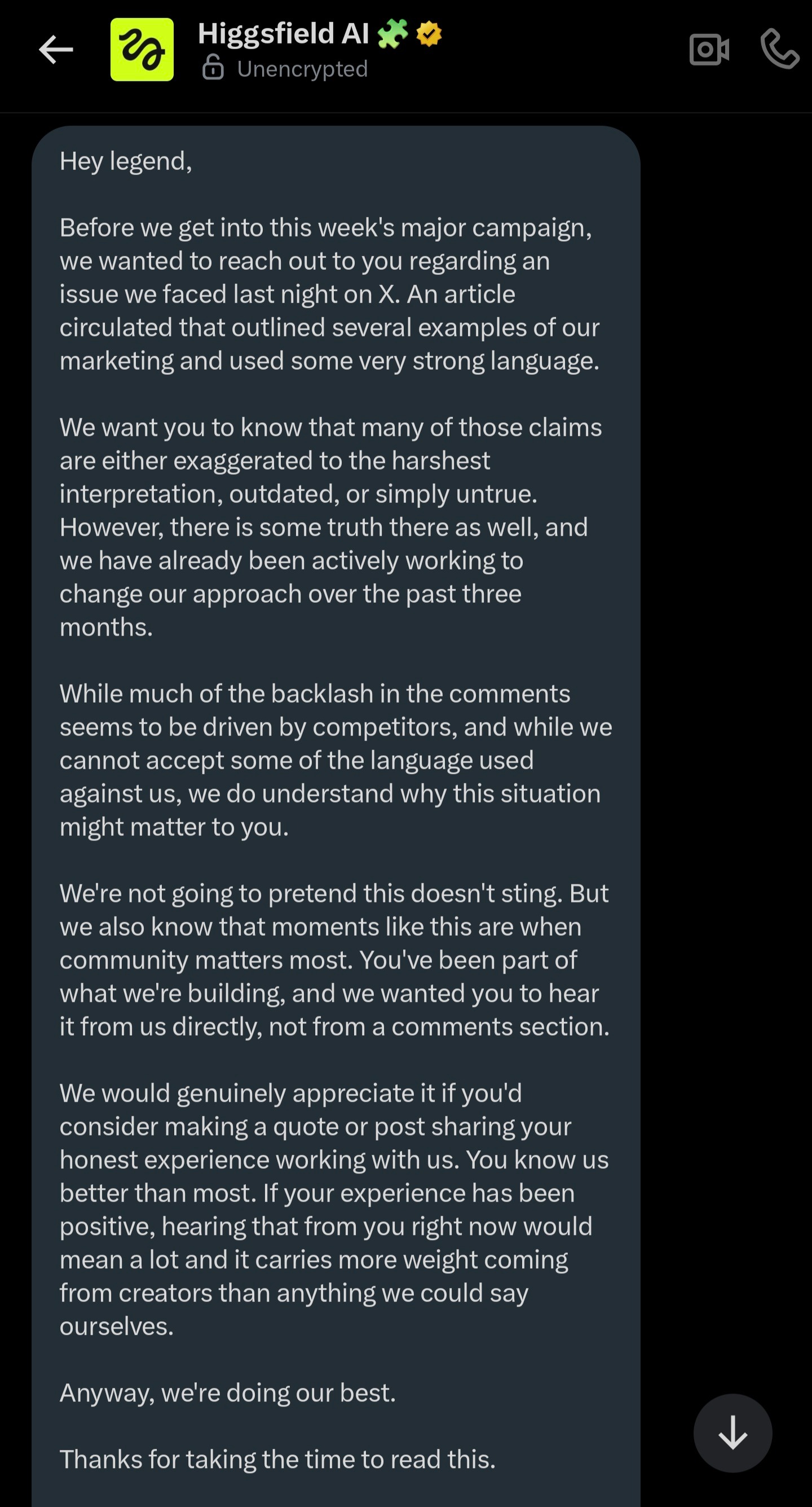 Higgsfield 私信影响者