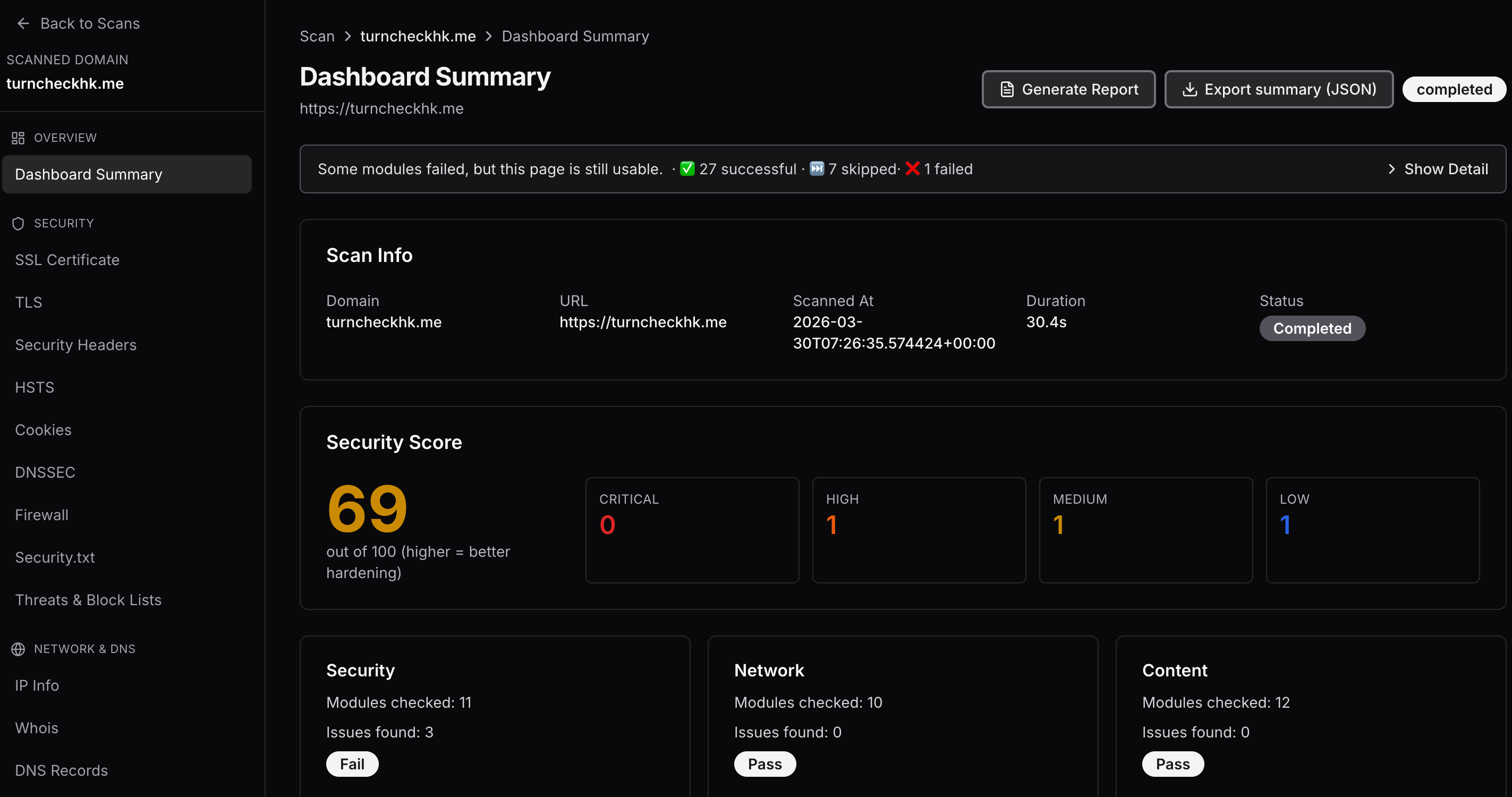 Scan dashboard — module grid and progress