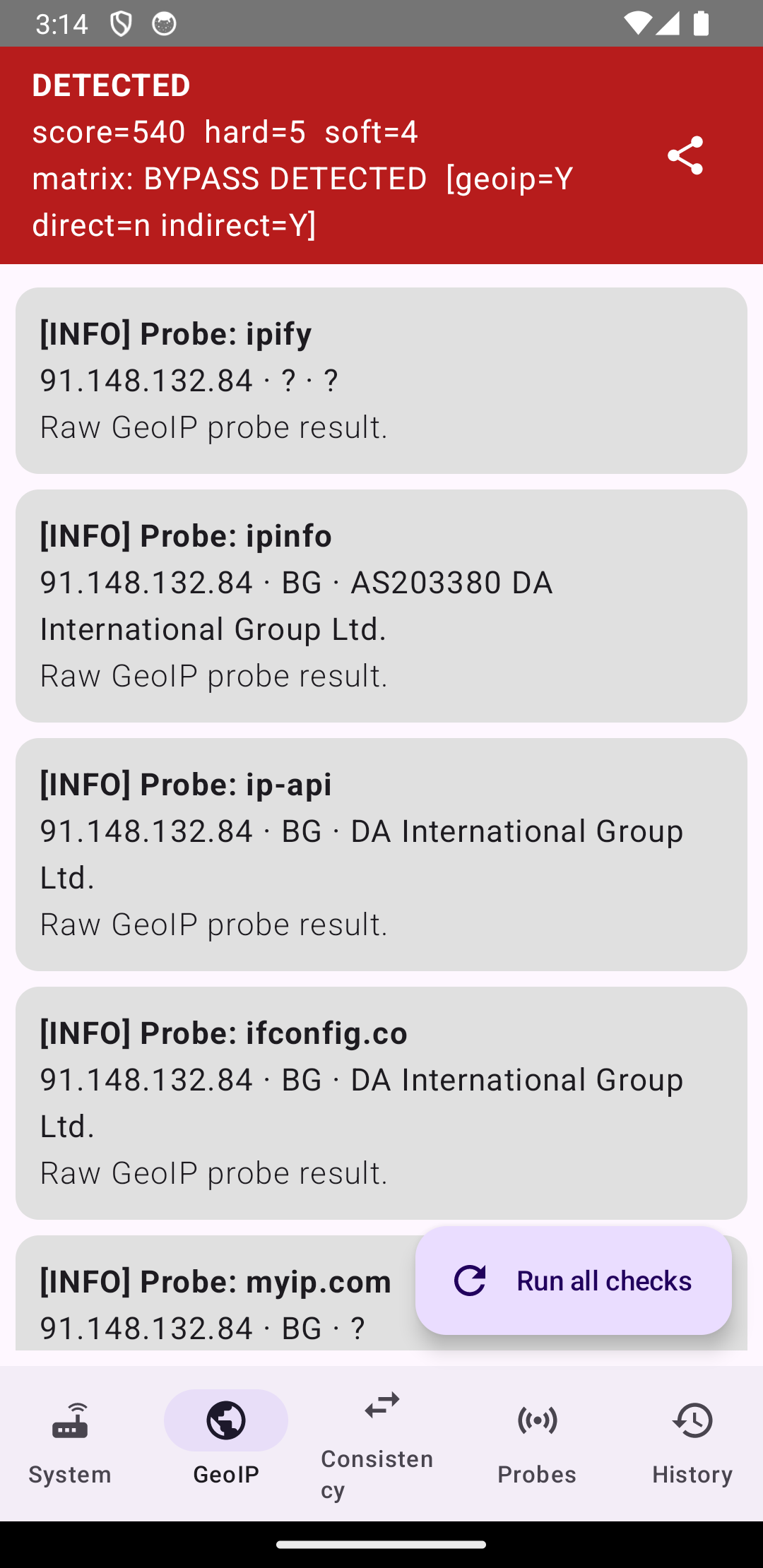 GeoIP probes — external IP lookup via 6 providers
