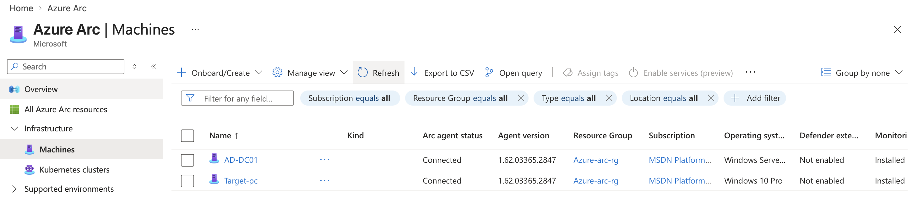 Azure Arc — 两台服务器已连接