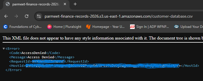 Incognito browser showing AccessDenied error after remediation