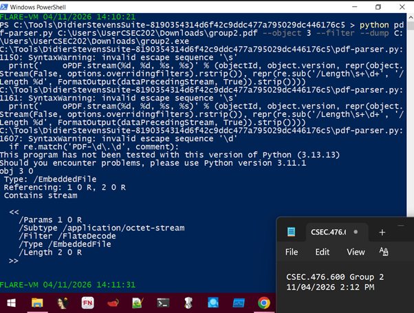 pdf-parser --object 3 showing /Type /EmbeddedFile, /Subtype /application/octet-stream, /Filter /FlateDecode