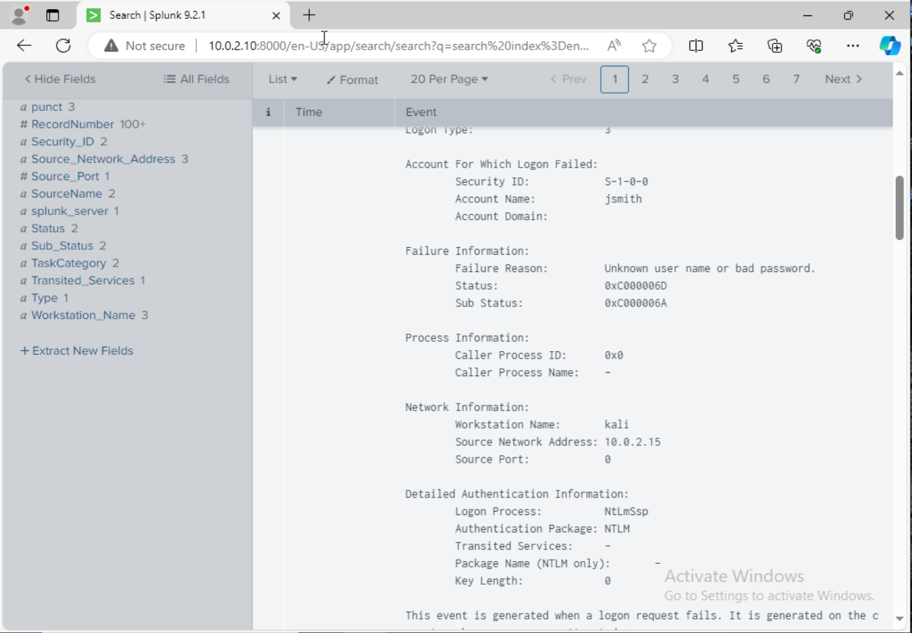 Splunk showing source machine and IP address