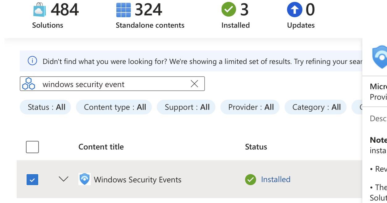 从 Content Hub 安装 Windows Security Events 解决方案