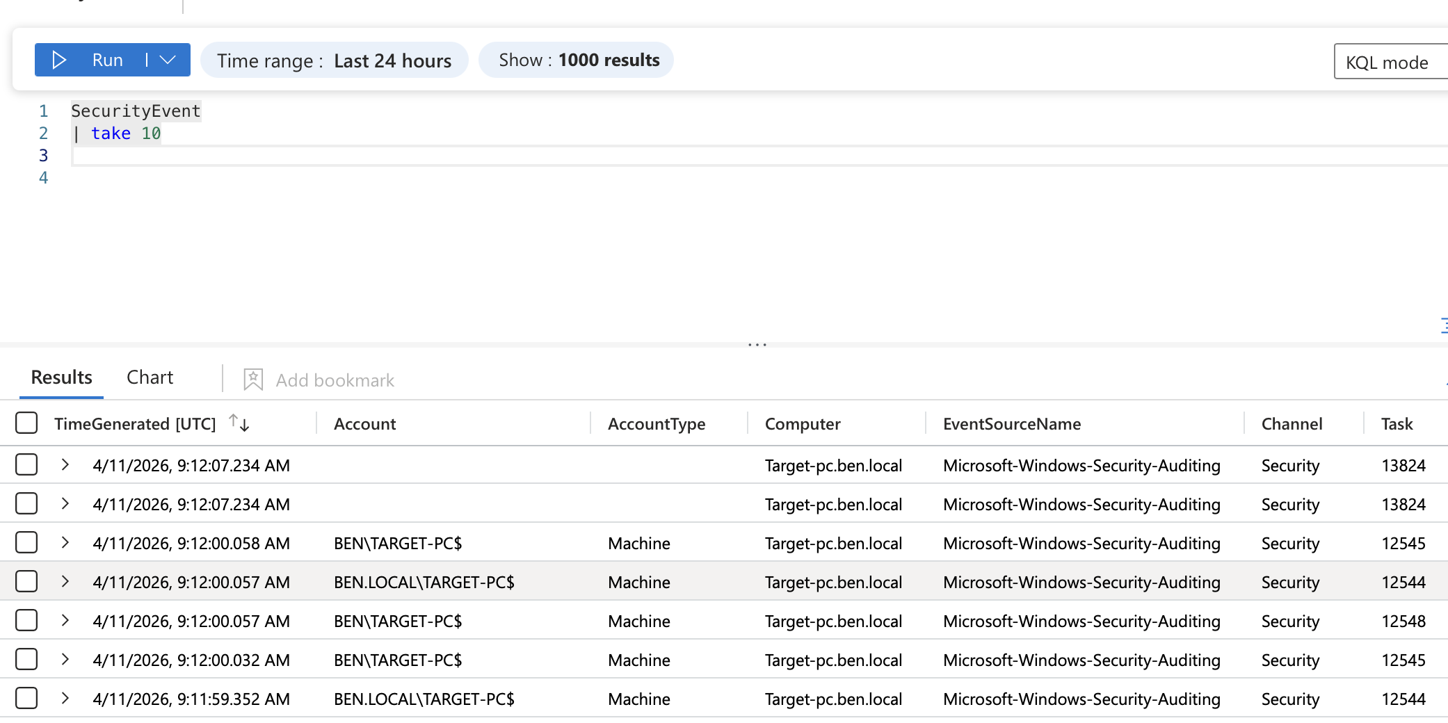 Sentinel Logs — SecurityEvent 结果确认来自两台 VM 的事件摄取