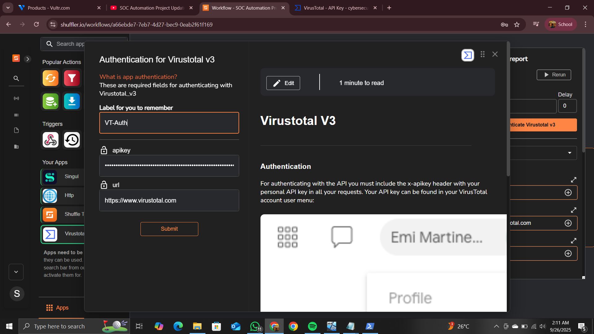Shuffle 中的 VirusTotal 认证