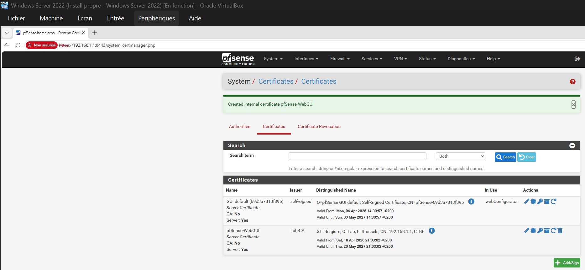 pfSense-WebGUI — 列出的证书,由 Lab-CA 签名