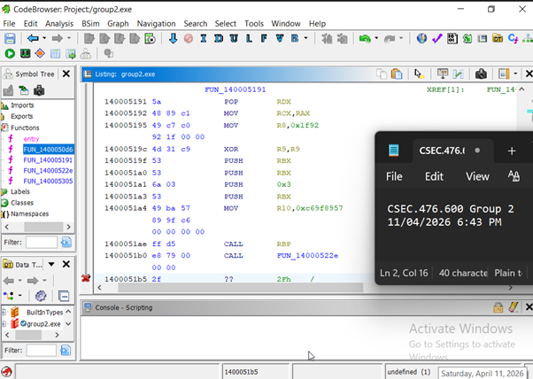 Ghidra listing at FUN_140005191 showing argument-preparation instructions and the call FUN_14000522E followed by the inline /DoSaKU... URI