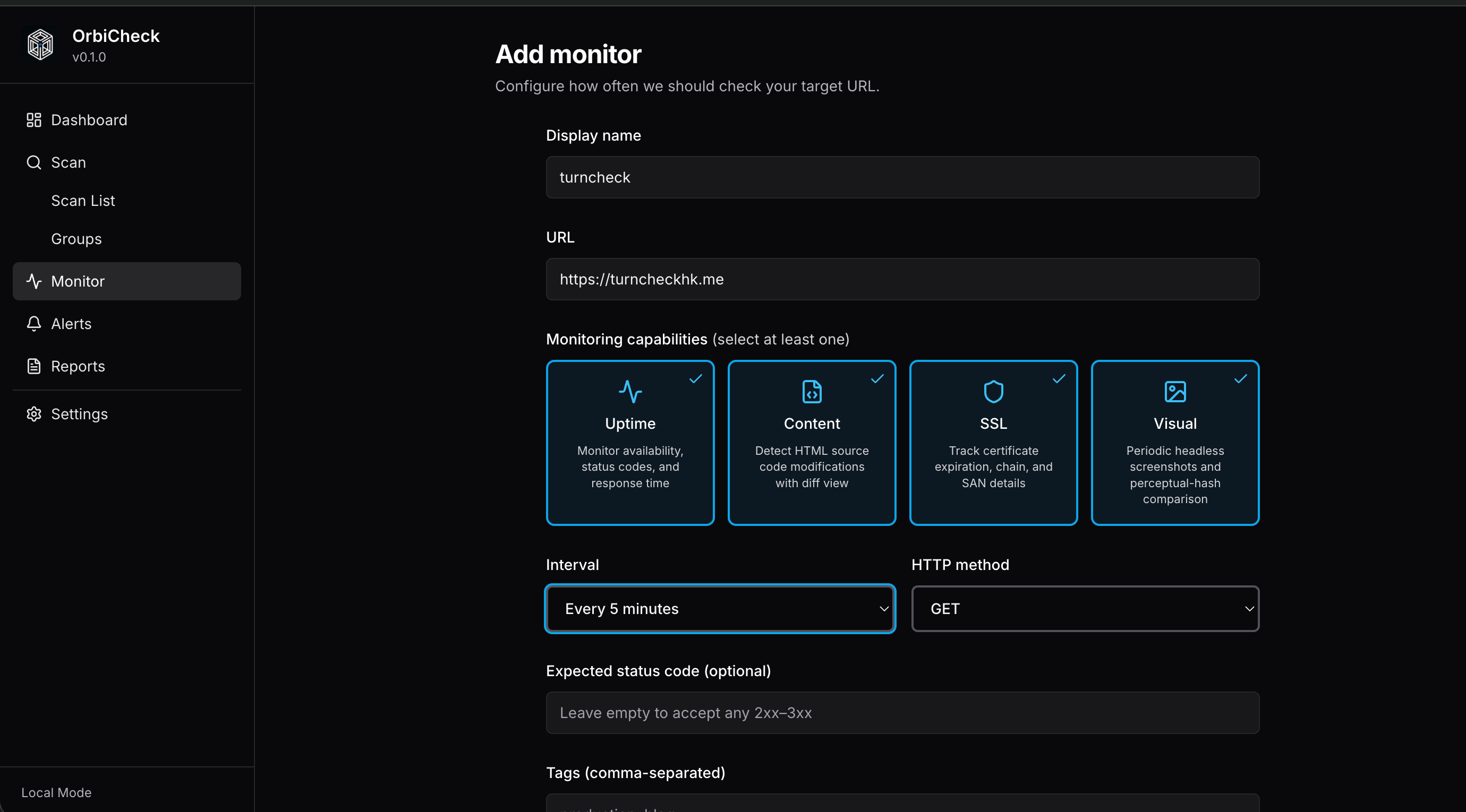 Add monitor — new target setup