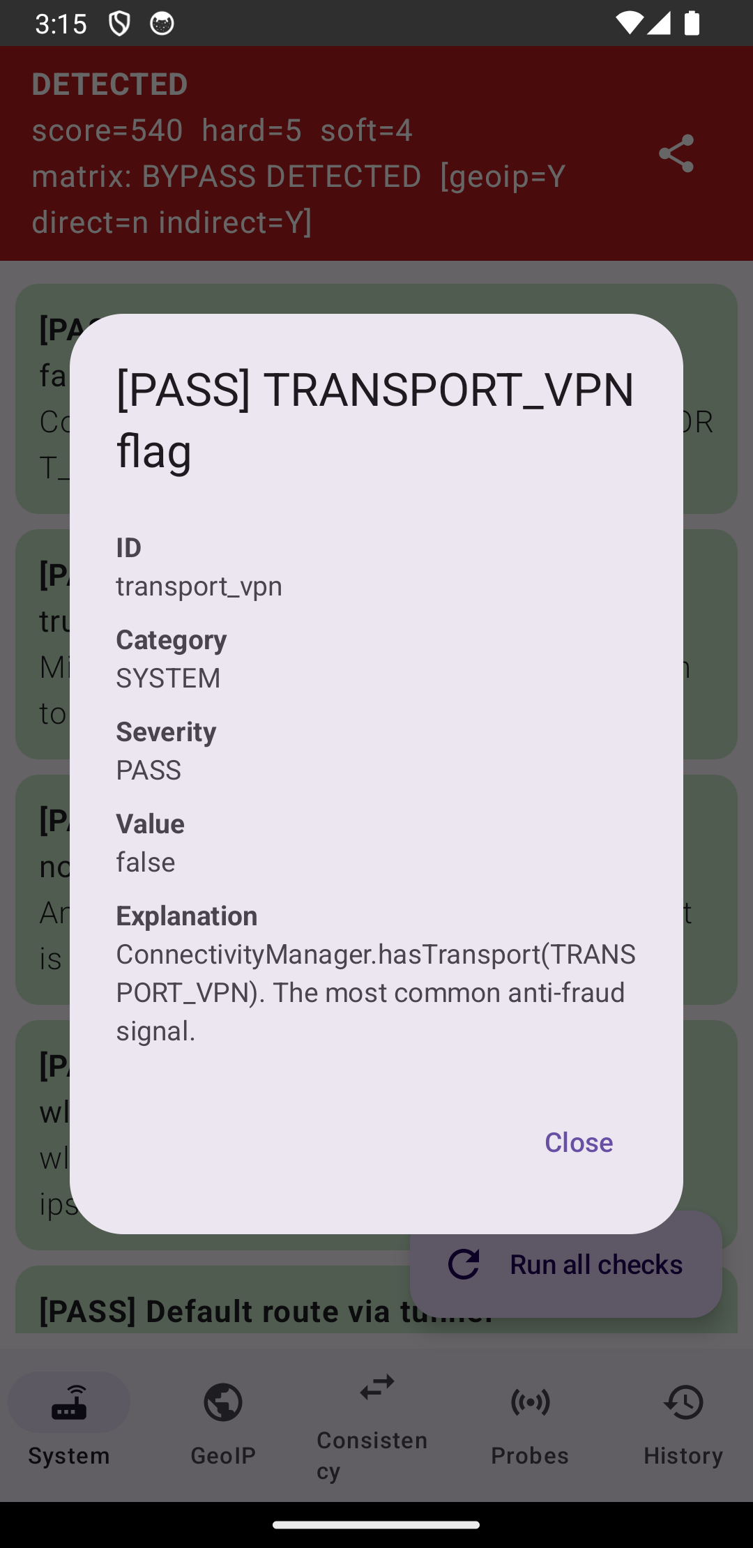 Check detail dialog with per-source breakdown