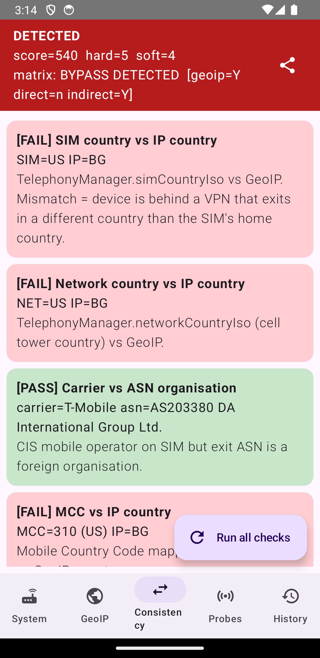 Consistency checks — SIM vs IP country mismatch detection