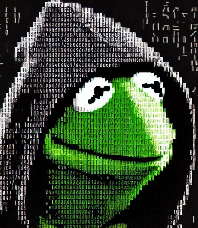 Kermit the Frog with a black hoodie in ASCII art