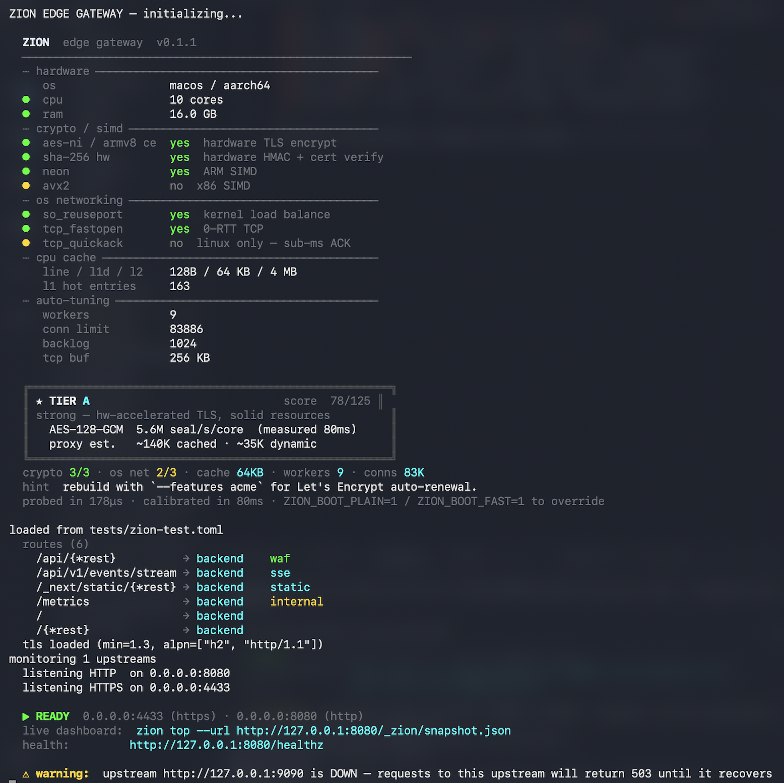 Zion boot output: live AES-GCM calibration, performance tier badge, routes table, and ready banner
