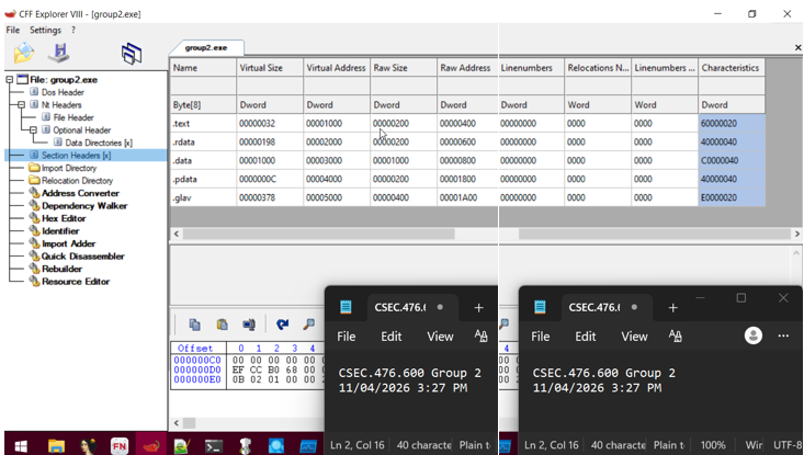 CFF Explorer section table showing .glav with virtual size 0x375, characteristics 0xE0000020