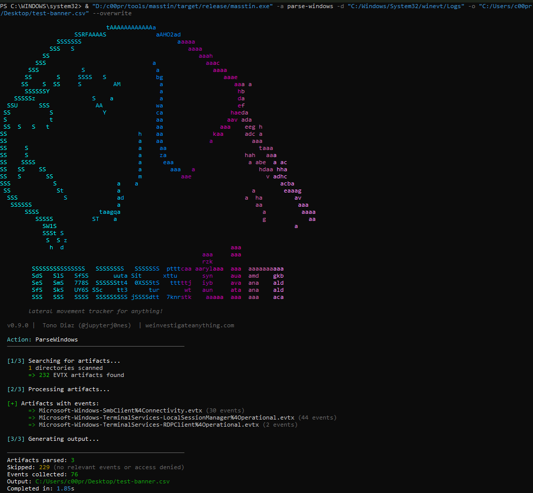 Masstin CLI output — parse-windows