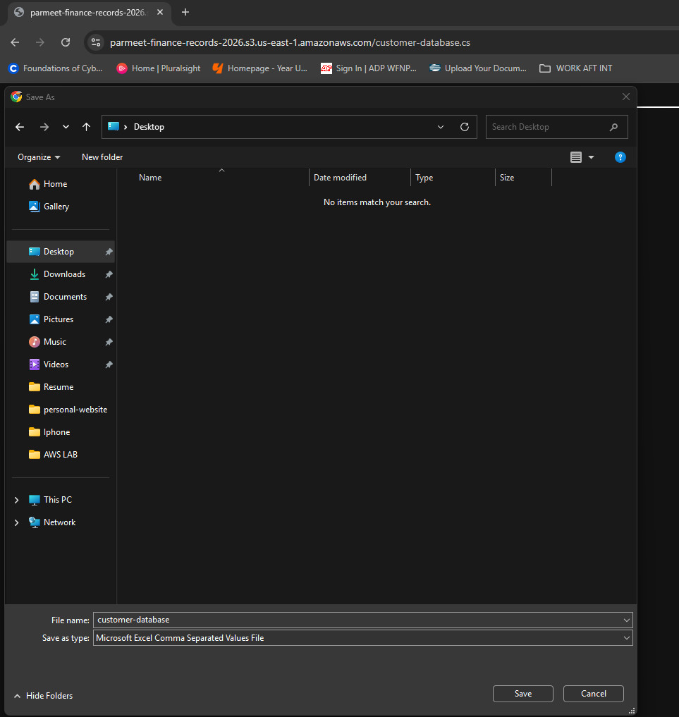 Browser showing the customer-database csv