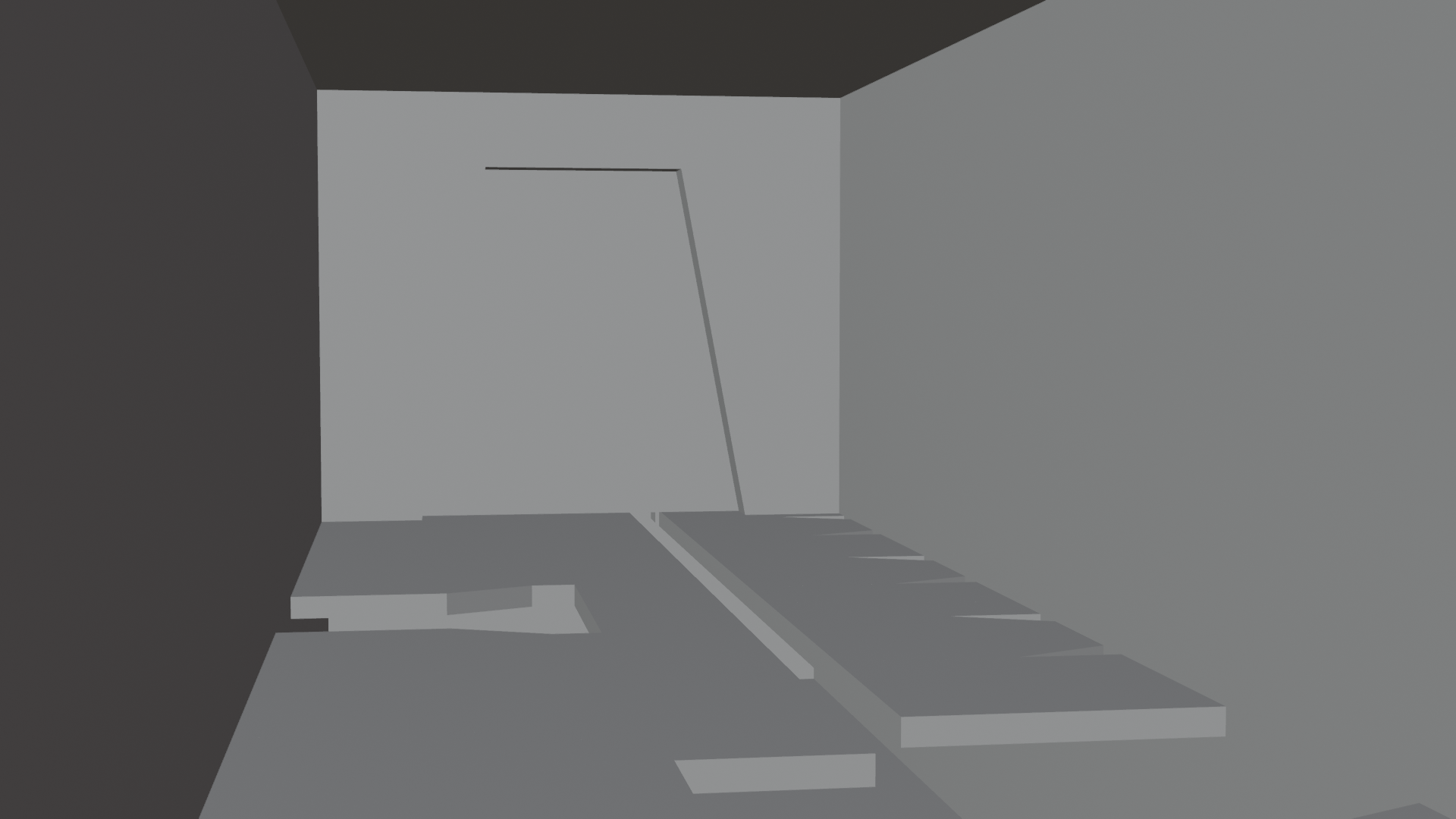 与上方图像描述相同的场景,但以灰暗、块状风格显示。没有动画。每个关键场景元素(如门、通风口和通道)都被替换为其整体形状的凸近似体,表示游戏引擎使用的隐形碰撞几何体。