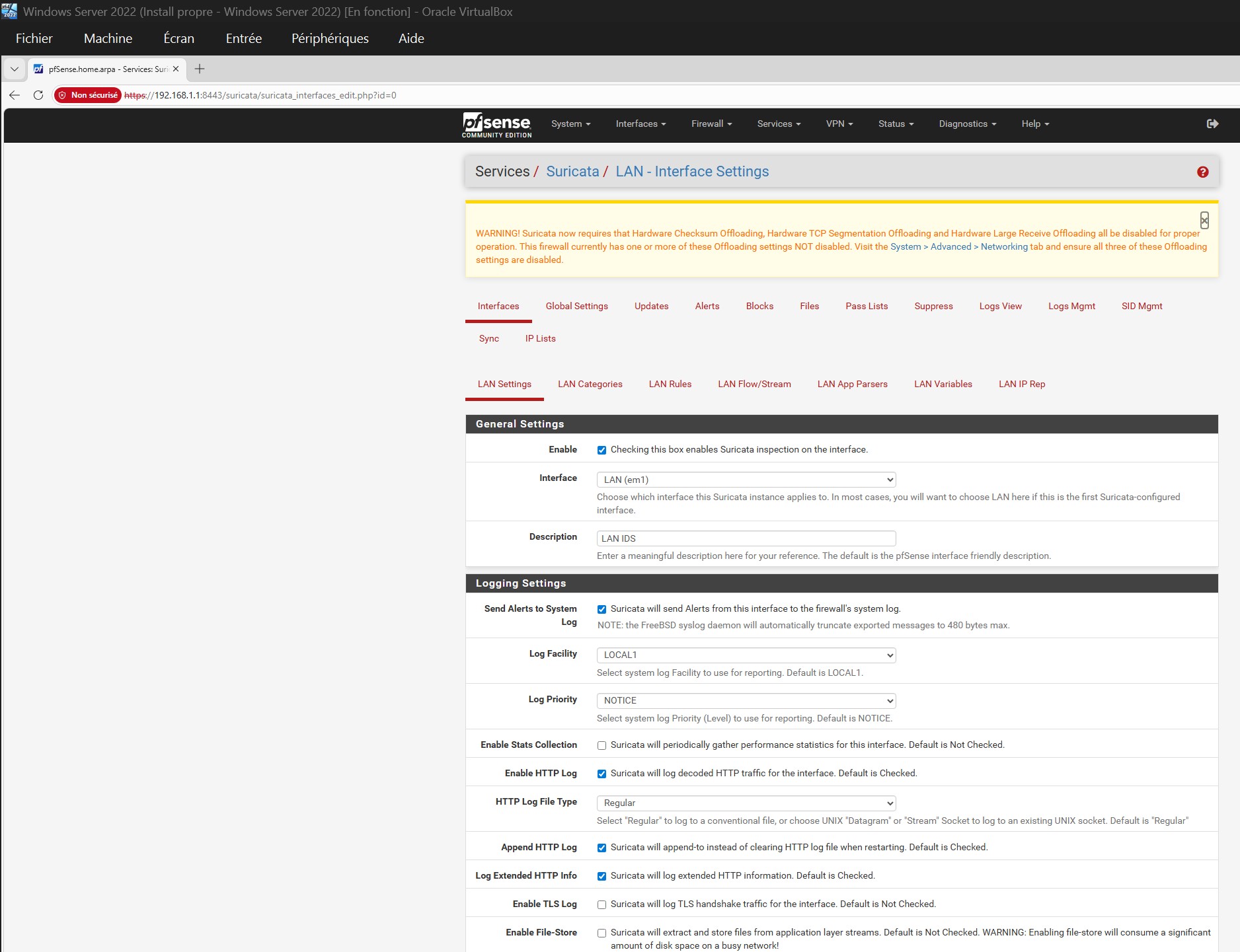 Suricata — LAN 接口已配置