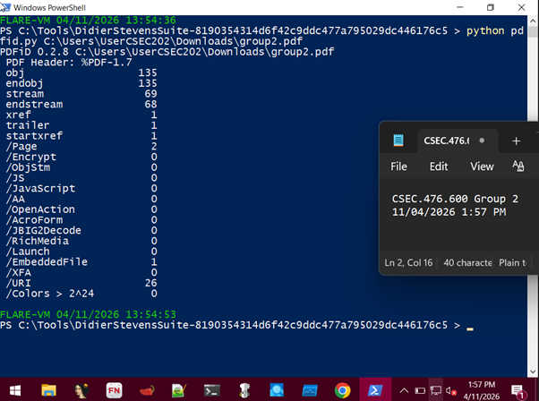 pdfid output showing /EmbeddedFile = 1 and all other suspicious keywords at zero