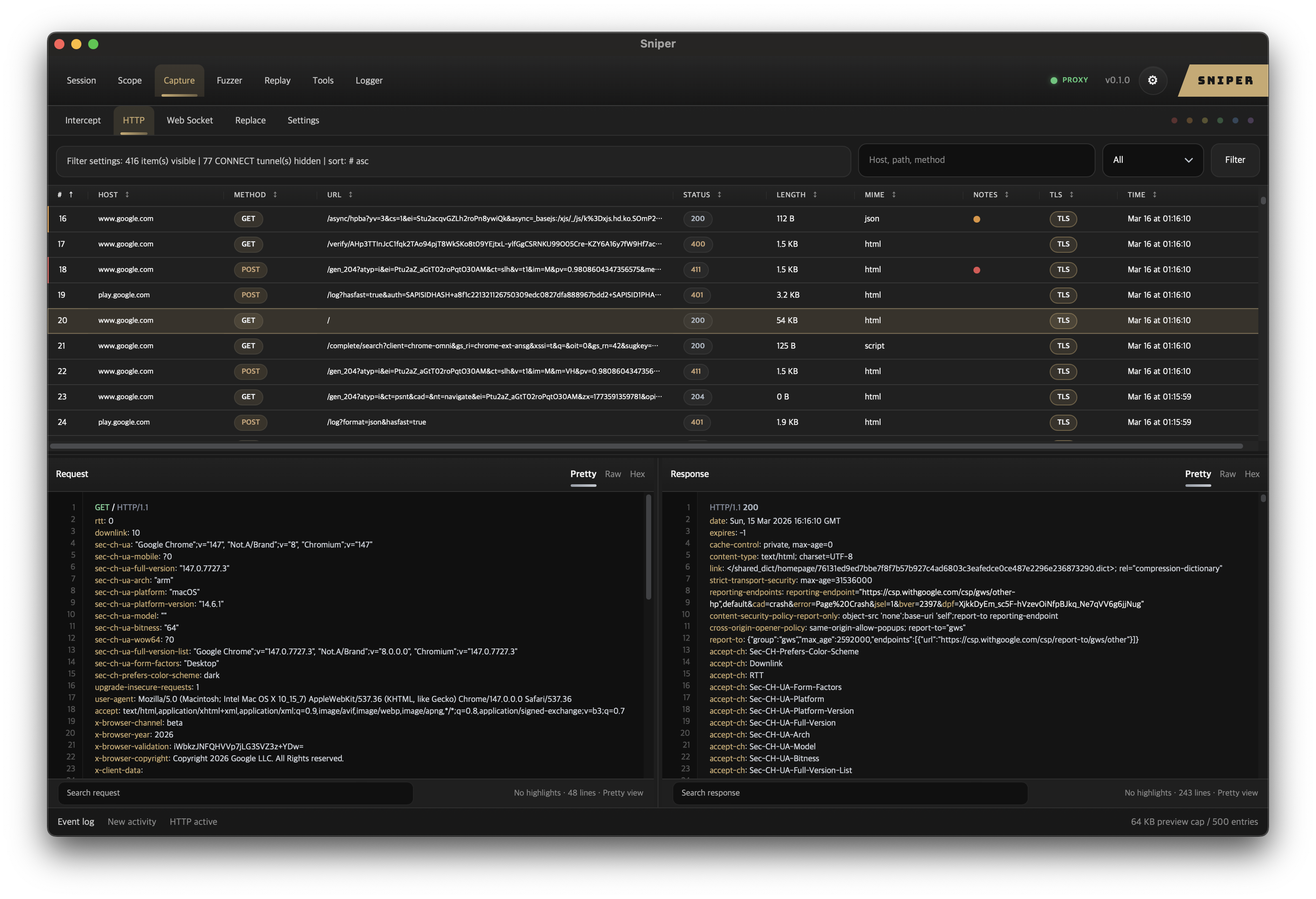Sniper proxy UI — HTTP capture, replay, fuzzer