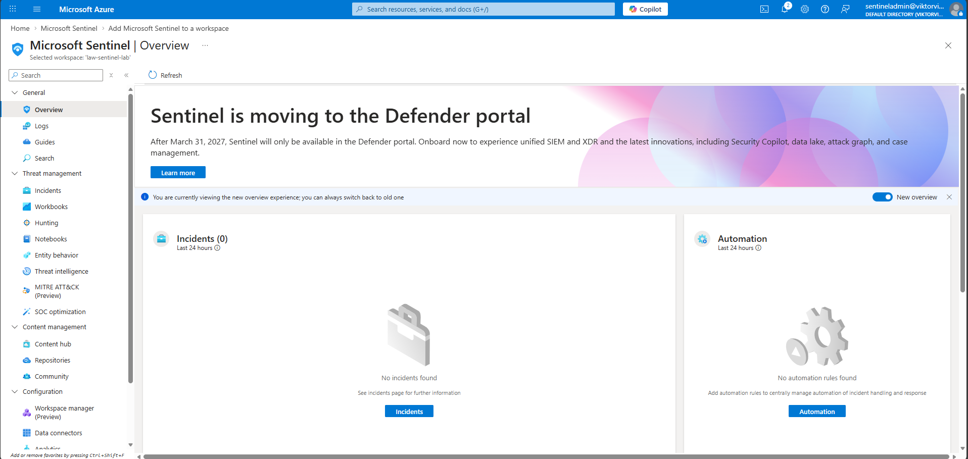 工作区上已启用 Sentinel