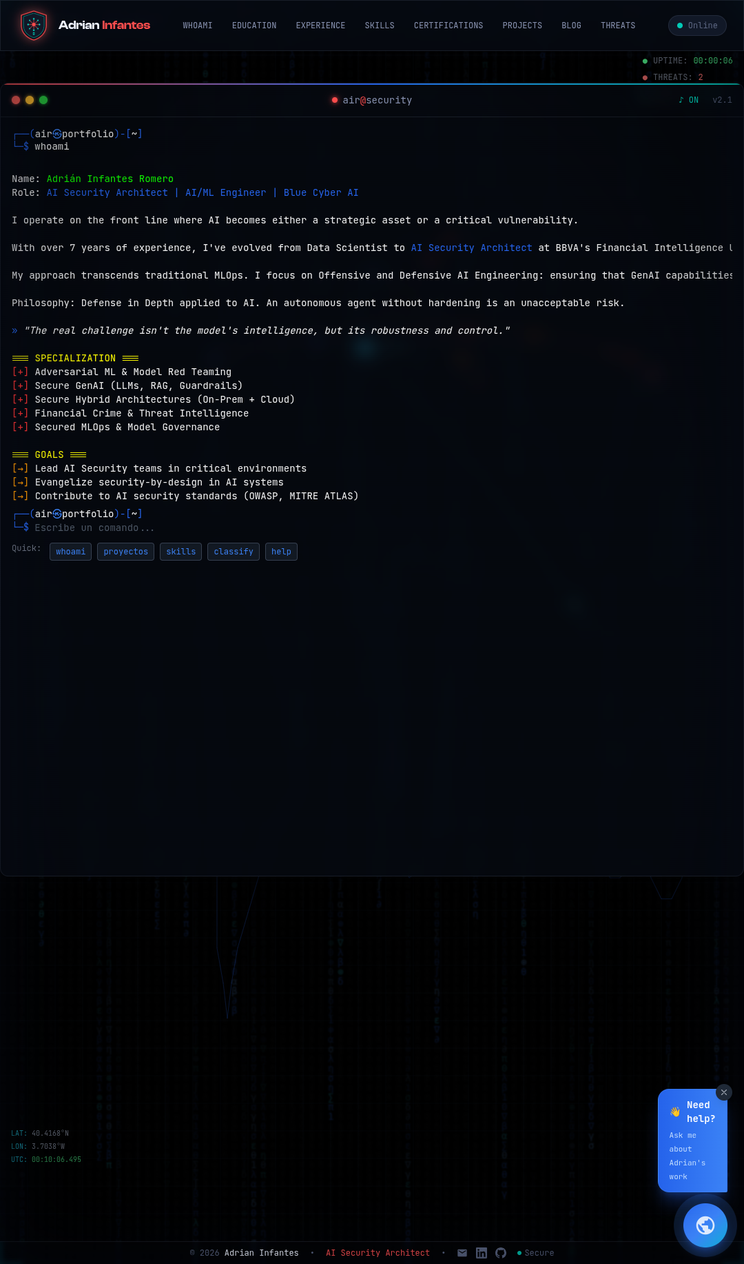 交互式终端,包含 whoami 命令输出和导航
