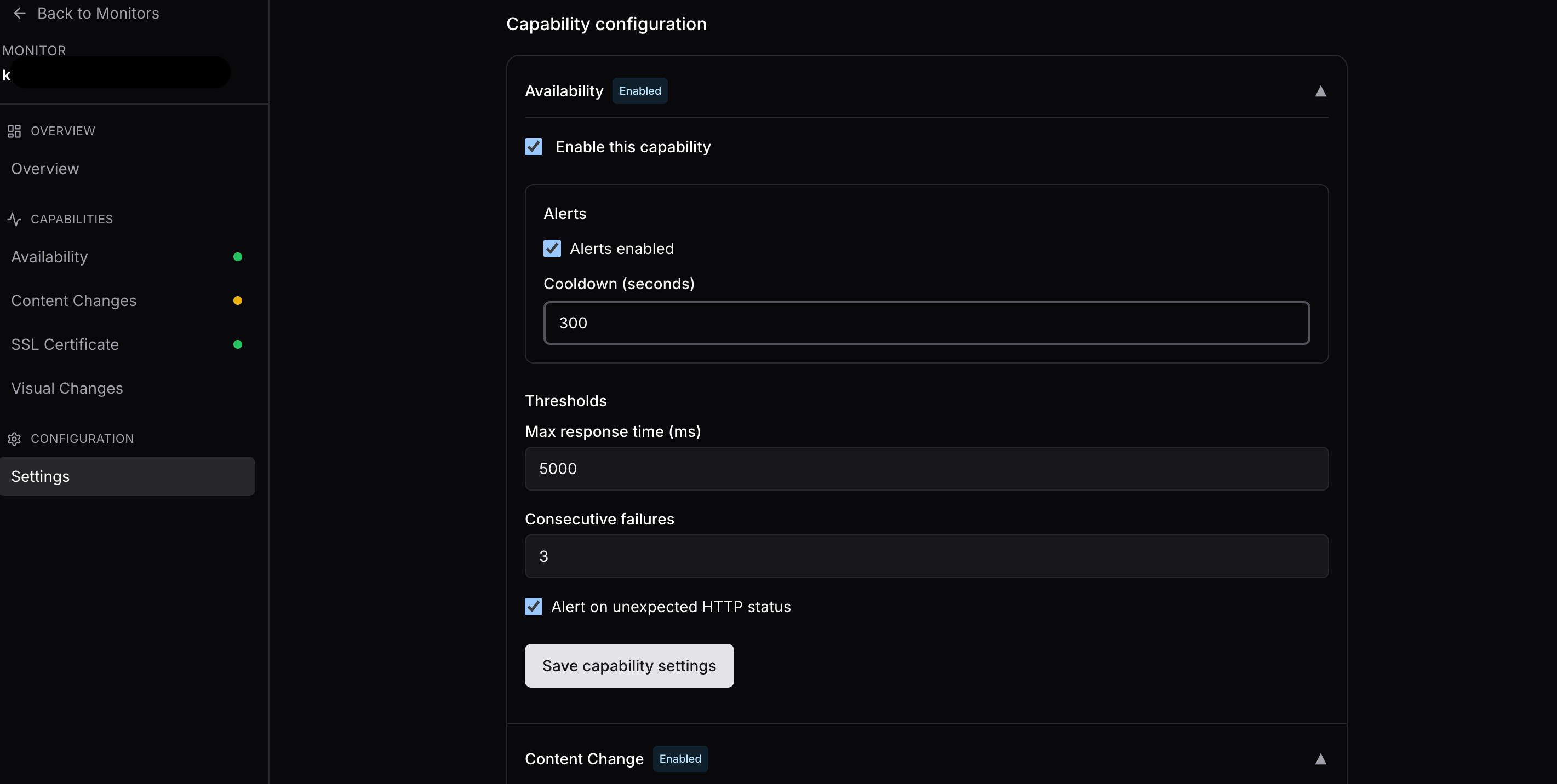 Monitor settings — thresholds and capabilities