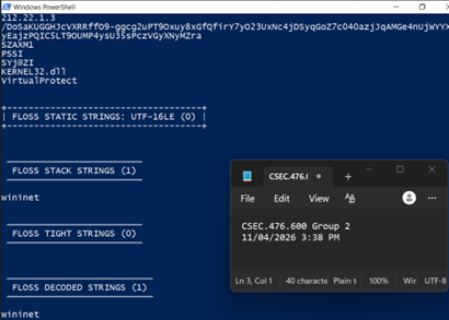 FLOSS stack and decoded strings output showing only wininet recovered