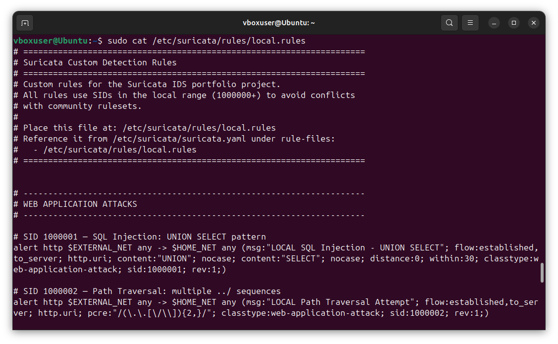 Custom local.rules file showing detection rules