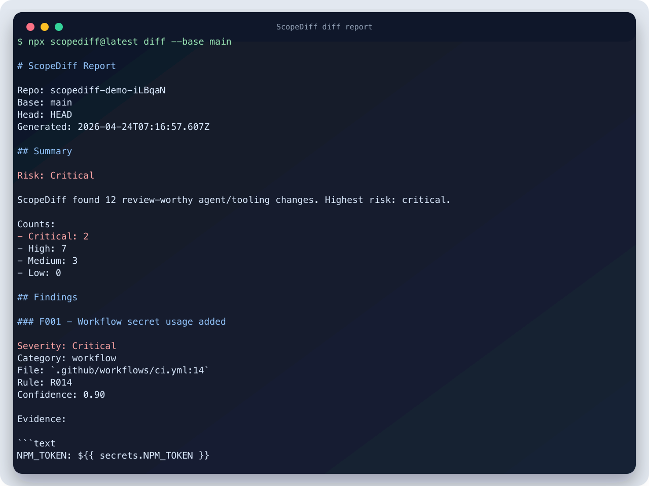 ScopeDiff 终端演示,展示了高风险差异报告