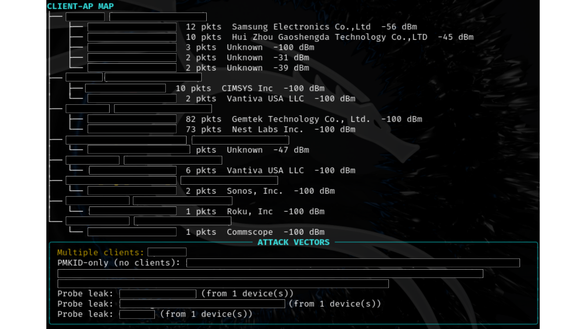 Client-AP association map with vendor identification