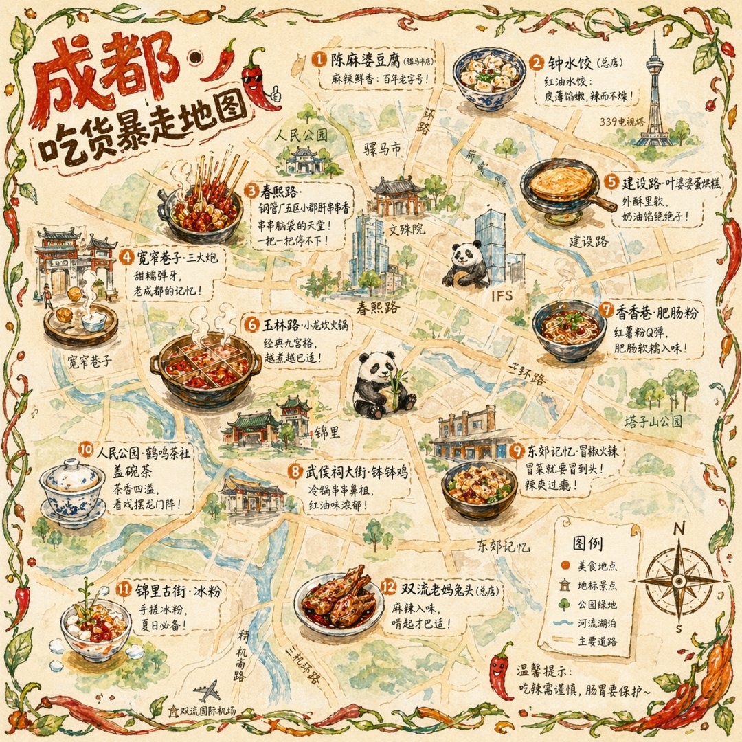 输出图像 |

**提示词：**


```
一张手绘风格的城市美食地图，以成都为主题。画面以鸟瞰视角的手绘简化城市地图为底，标注主要道路和地标但不追求精确比例而是追求可爱的手绘感。地图上分布着 12 个美食地点的精致手绘小插画：春熙路的串串香（一把竹签插着各种食材冒着热气）、宽窄巷子的三大炮（三个糯米团子飞向铜盘）、建设路的蛋烘糕（金黄酥脆正在翻面）、玉林路的火锅（九宫格锅翻滚冒泡）等，每个插画约占地图的 5% 面积，旁边用手写体标注店名和一句推荐语