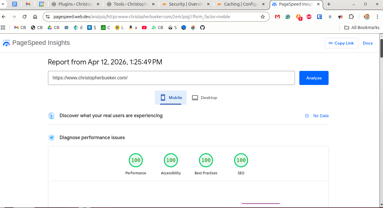 Optimized mobile Lighthouse score for ChristopherBueker.com