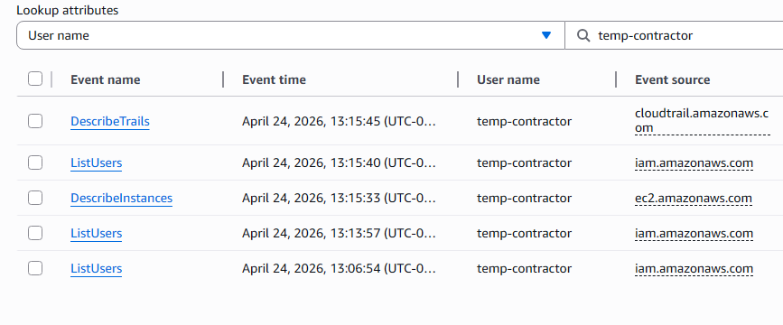 CloudTrail event history showing all denied API calls