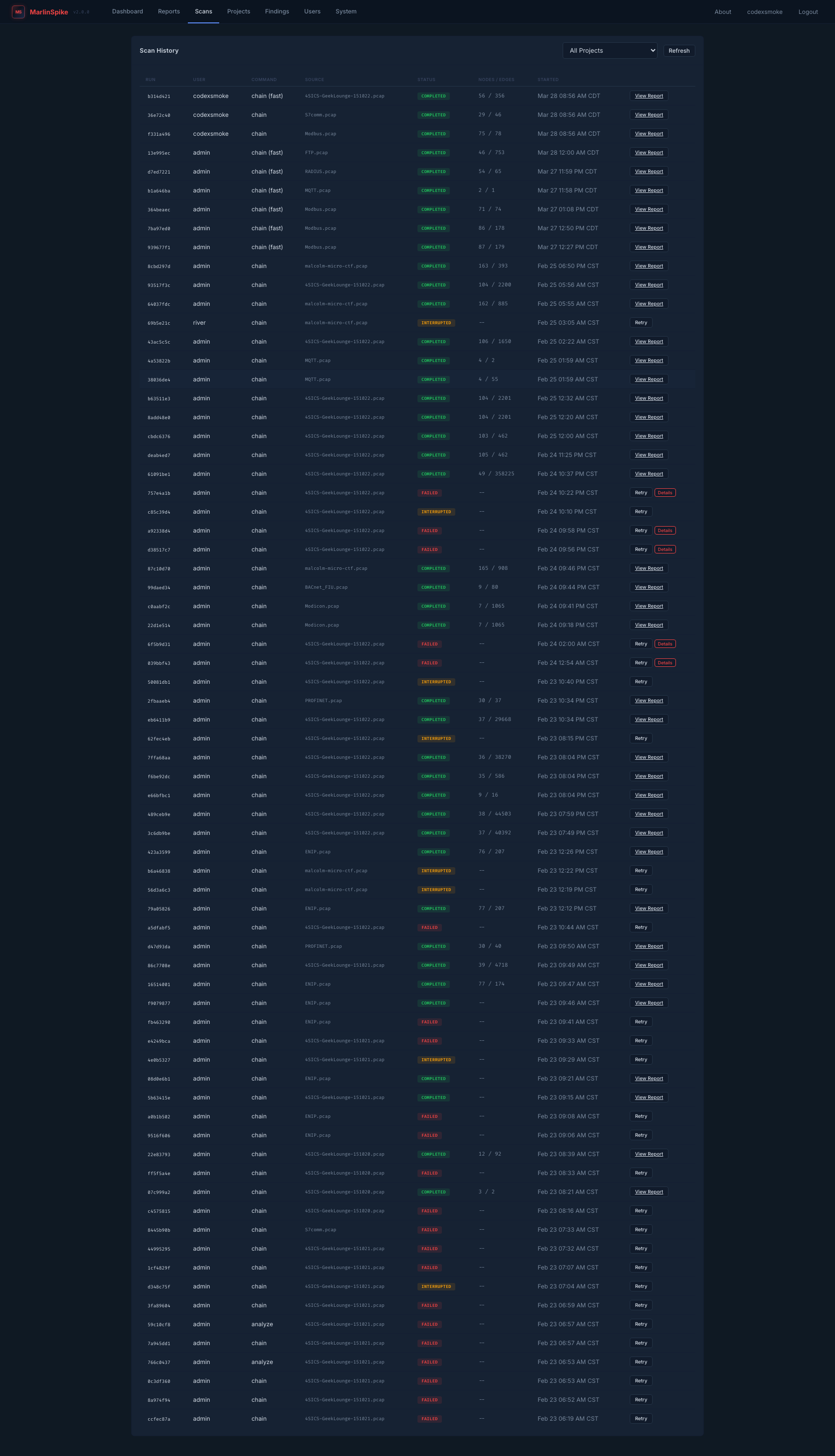 Live scan history with completed smoke runs