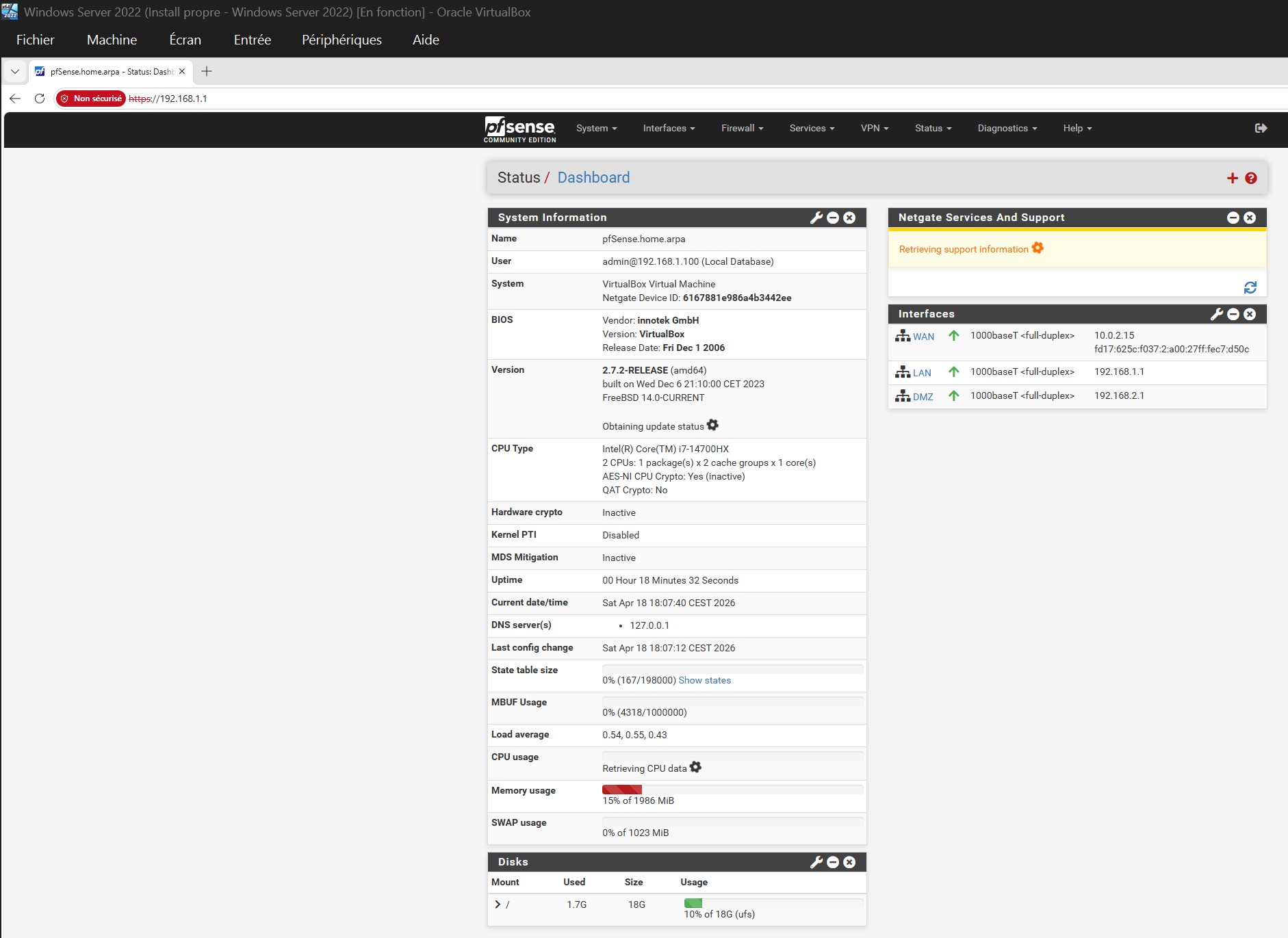 pfSense 仪表板 — 所有接口已启动