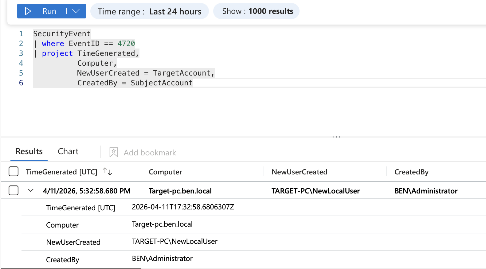 KQL T1136.001 — 查询结果显示新账户创建命中