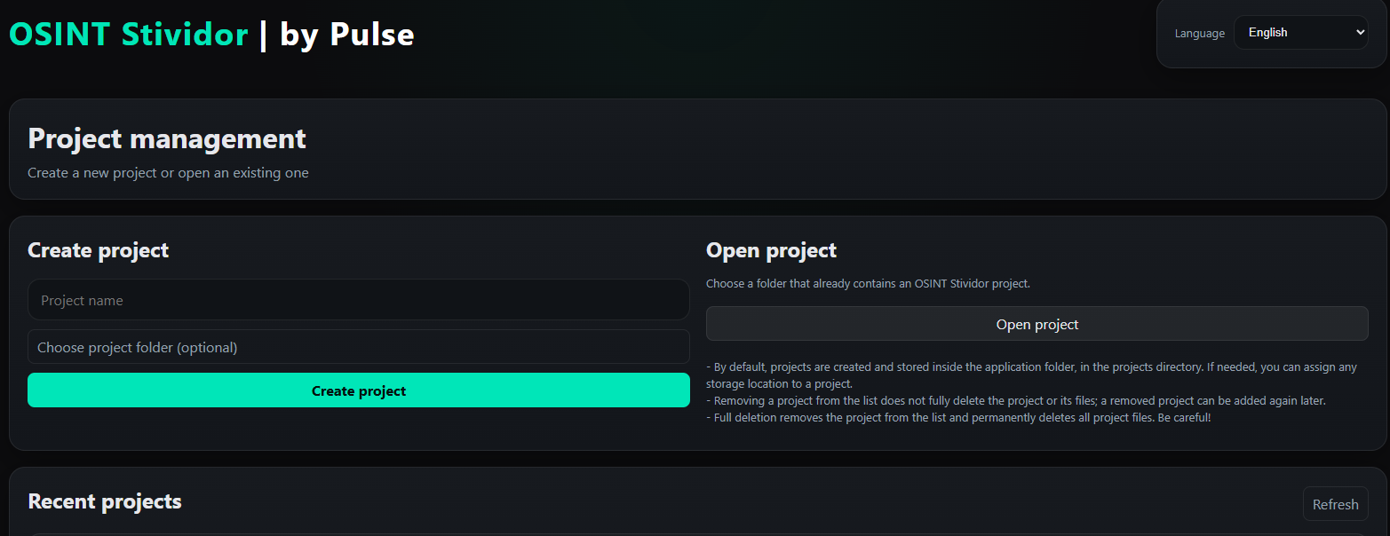 Интерфейс OSINT Stividor