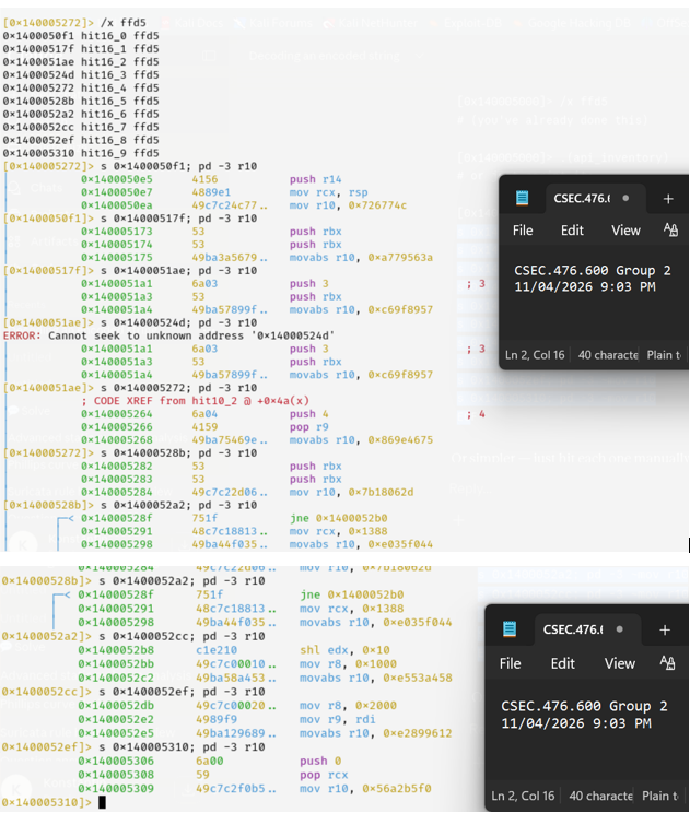 r2 session showing pd -3 at final call sites displaying Sleep, VirtualAlloc, InternetReadFile, ExitProcess hash constants and argument setup