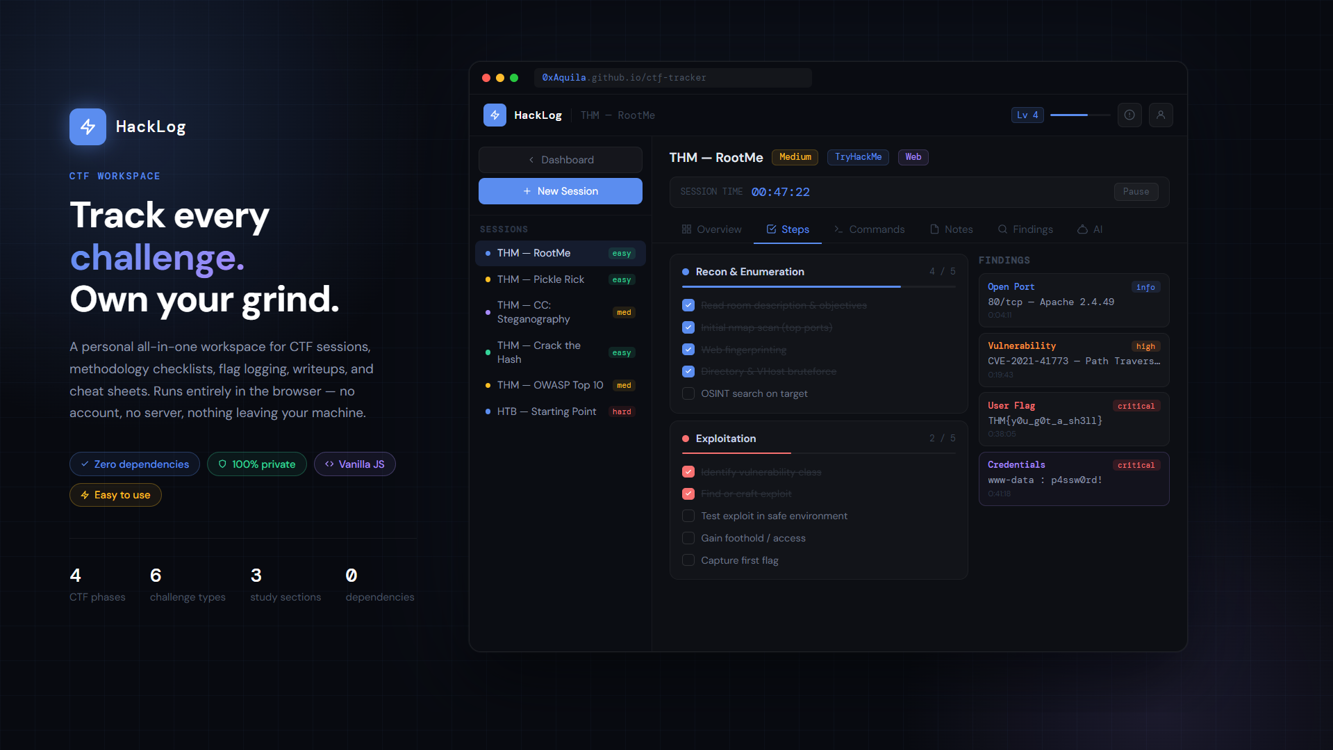 HackLog full dashboard