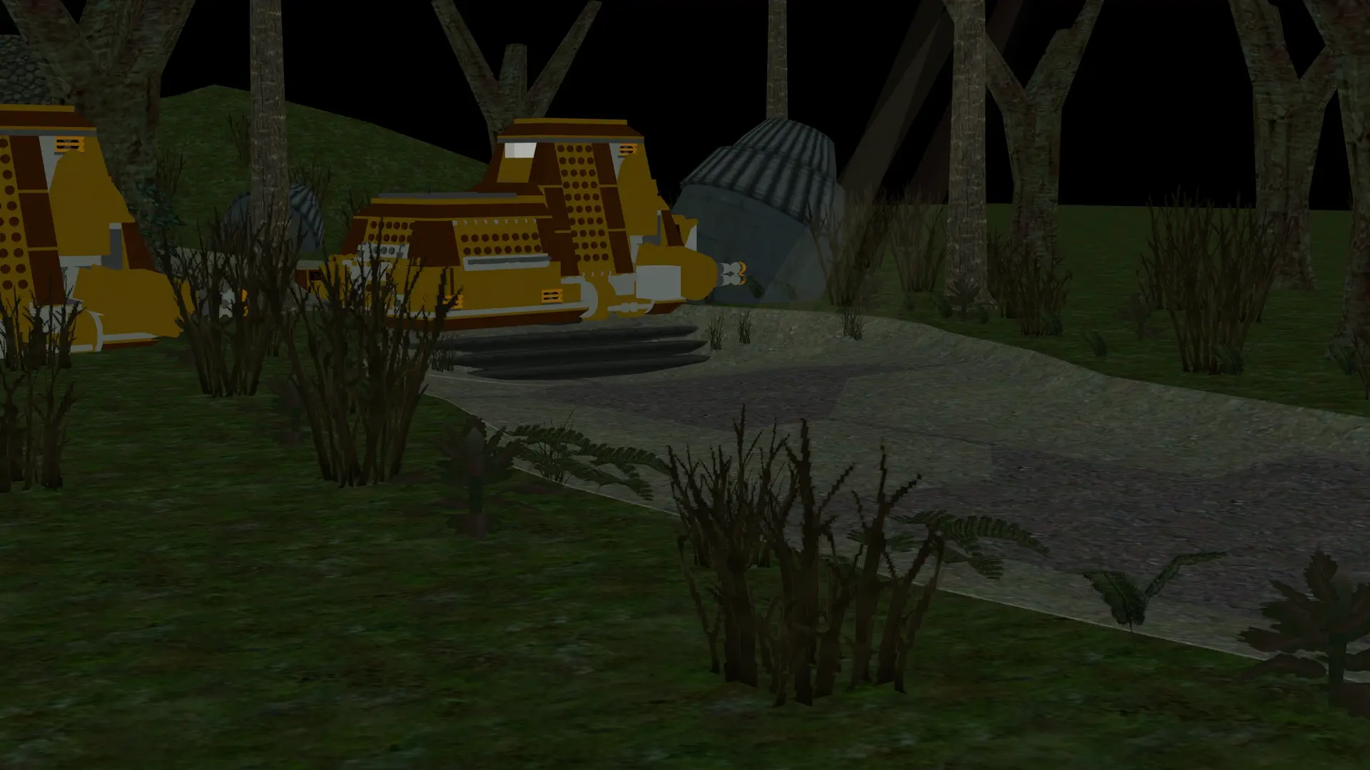 黑暗森林与黑色天空。两辆装甲坦克从左侧进入场景并向右侧移动。数棵倒下的树木环绕着一条蜿蜒的小路。颜色较浅的小路被深绿色草丛包围,边缘点缀着稀疏的植被。倒下的树叶由乐高零件构成,装饰着鲜艳的绿色带星叶子。负空间被无叶灌木填充。该场景唤起对自然乌托邦遭受悲剧性入侵的感觉。