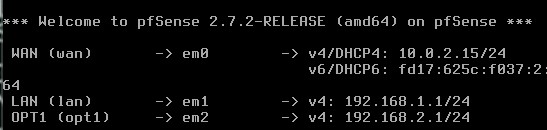 pfSense 控制台 — WAN/LAN/DMZ 接口已启动