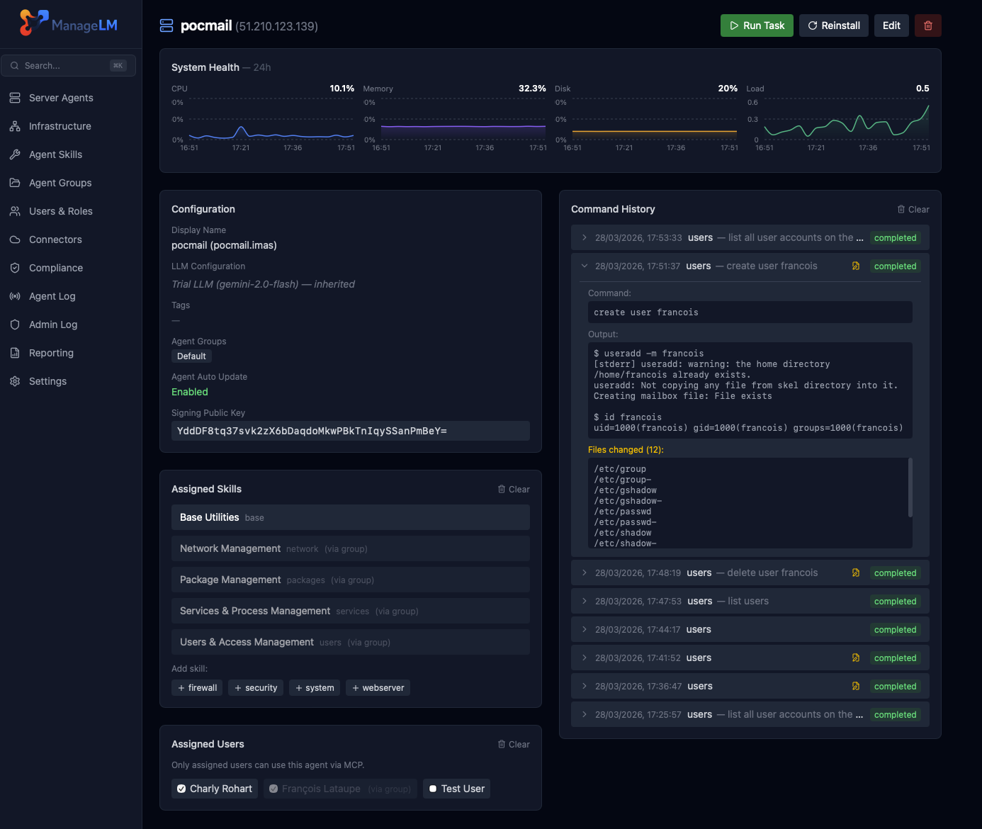 ManageLM Portal — dashboard with agent monitoring, task history, and natural language interface